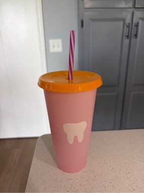 Dental Hygiene Nation Pink Tooth Graphic Tumbler with Orange Lid